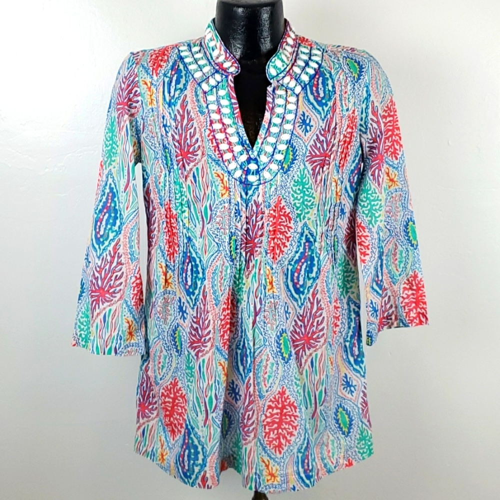 Lilly Pulitzer Tunic Blouse Beaded V-Neck Cotton Blue White Women's M